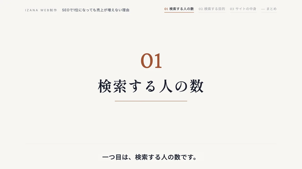 動画「SEOで1位になっても売上が増えない3つの理由【中小企業・個人事業主向け】」のサムネイル