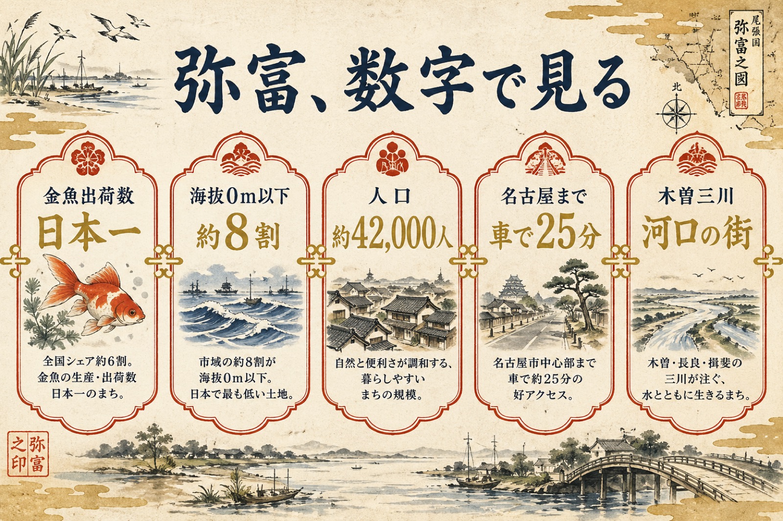 弥富市データインフォグラフィック 金魚26種すべて揃う産地 海抜マイナス3m 人口4万人 名古屋25分
